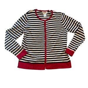 STUDIO I Striped Button‎ Front Cardigan Sweater Red Trim Women Size 10